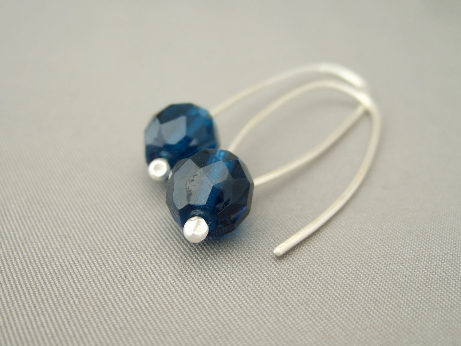 Monaco Blue Faceted Czech Glass Sterling Silver Modern Contemporary Drop Earrings
