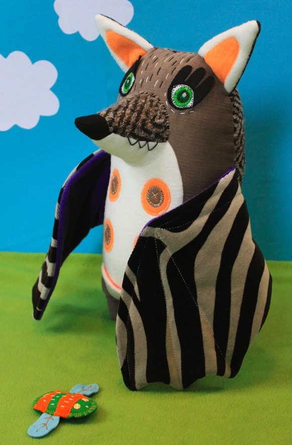 Bartel the striped bat, handmade plush woodland animal