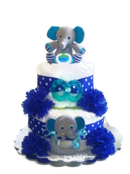 Elephant Diaper Cake for Boy, Blue Elephant Diaper Cake, Boy Elephant Diaper Cake