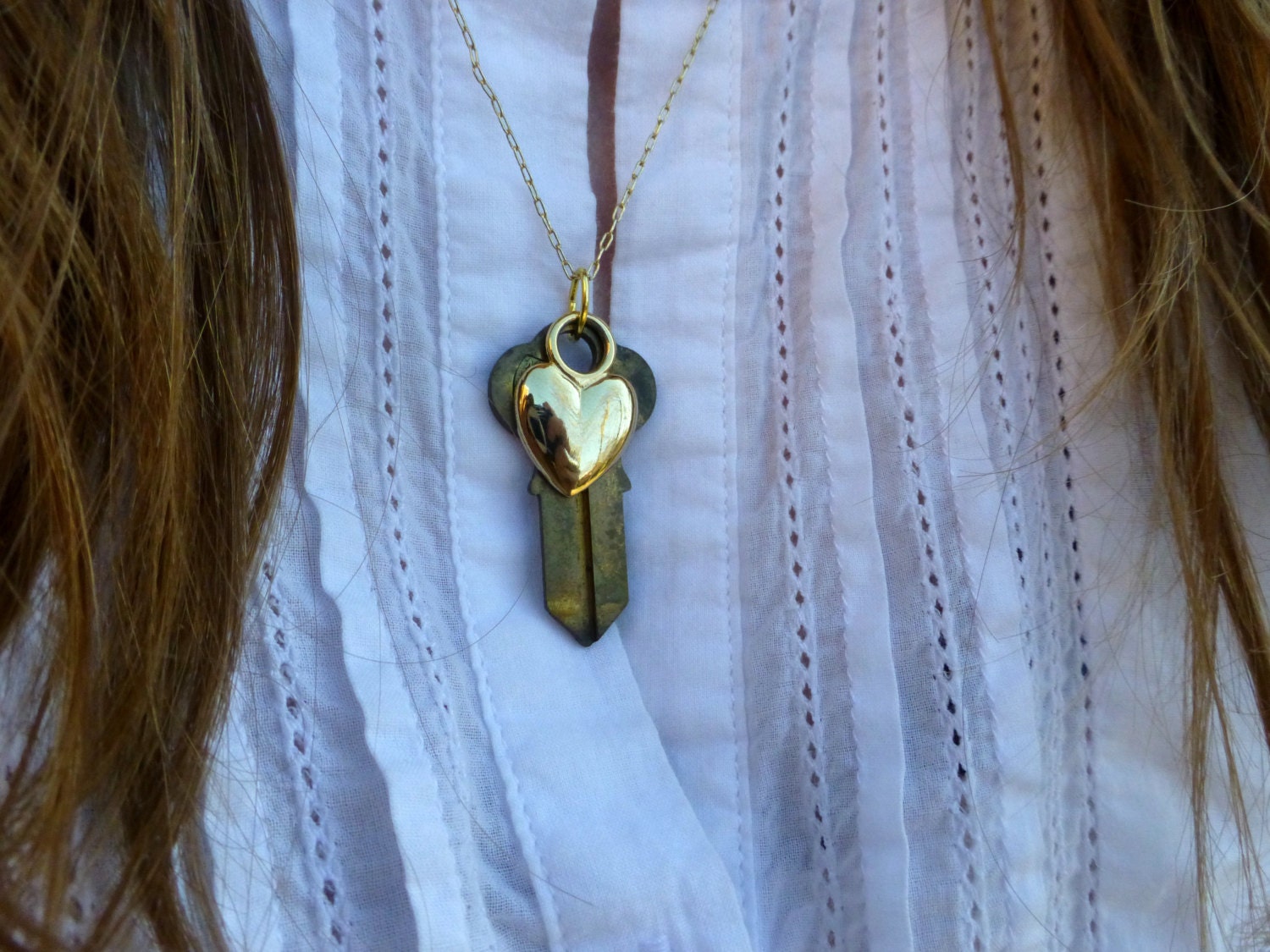 Vintage Gold Key & Heart Charm - Delicate Dainty Gold Vintage Necklace