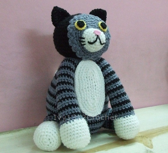 Stripe Cat 12" - Big Handmade Amigurumi crochet doll Home decor birthday gift Baby shower toy