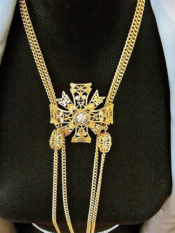 Vintage Kenneth J Lane KJL Gold Tone Crystal Convertible Maltese Cross Brooch Pendant With Two Chains Necklace & Original Velvet Pouch