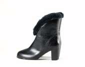 Short Boots Black Faux Leather & Fur Lined with High Heel Vintage 90s