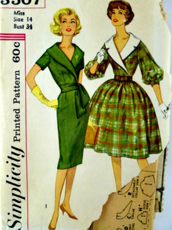 Vintage 60s Simplicity 3507 Pattern Misses Slim or Full Skirt Dress Wide Fold Over Collar Sleeve Variations Size 14 Bust 34 p3z
