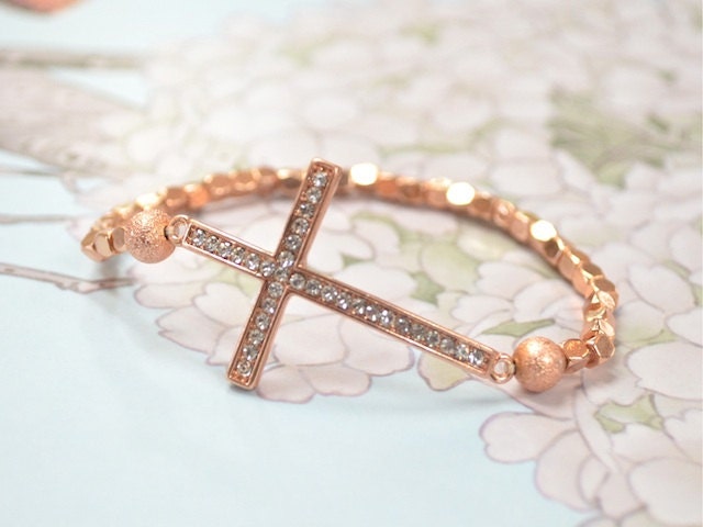 Rhinestone Sideways Cross Bracelet - Rose Gold