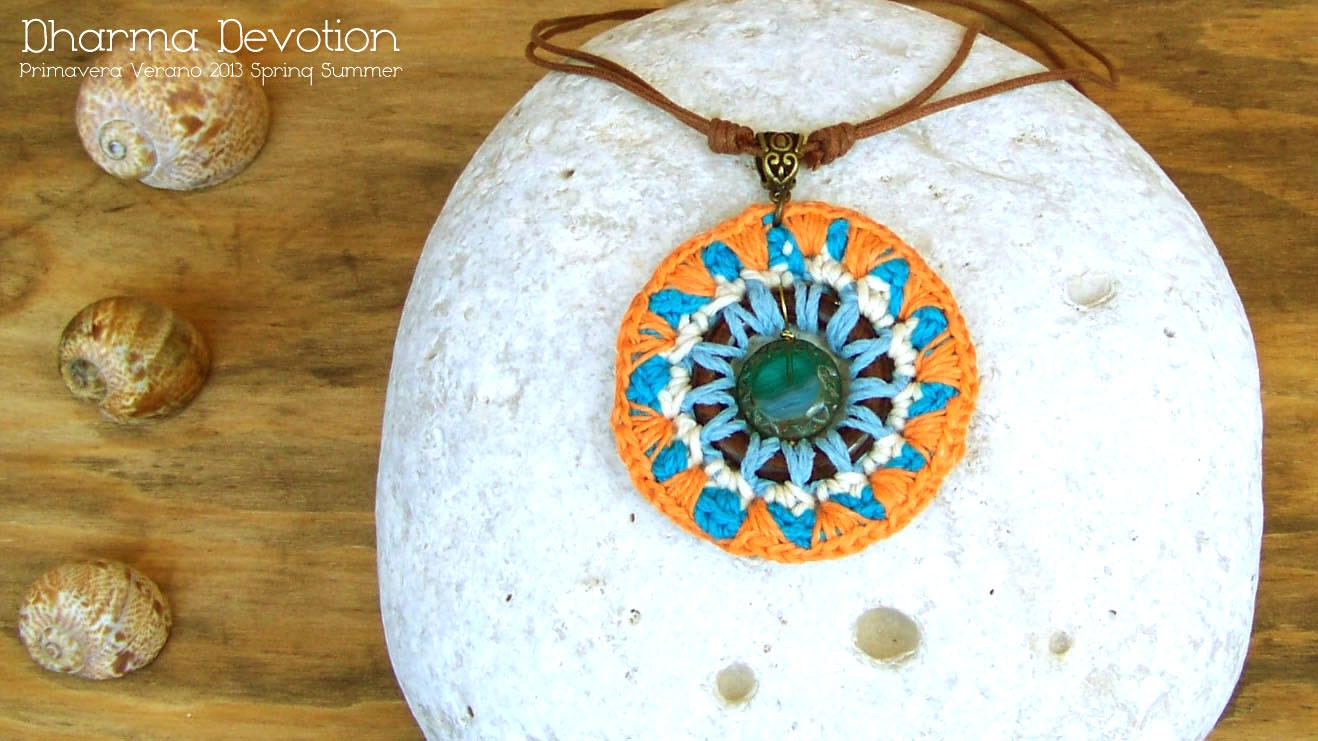 Summer Crochet Mandala Pendant - Glass Beaded Fiber Necklace - Bohemian Bijoux - OOAK Natural Jewelry - Original Gift for Women