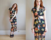 Vtg 90s 60s floral 2 piece sheer tie front blouse high waist skirt retro mini maxi floral print FLOWER POWER mod crop top midriff dress set