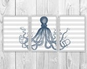 Nautical Octopus Set of 3 Art Prints - Navy and Gray Stripes - Modern Octopus Home Decor