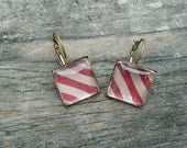 Red Tan Striped Earrings, Antique Bronze pierced tile type
