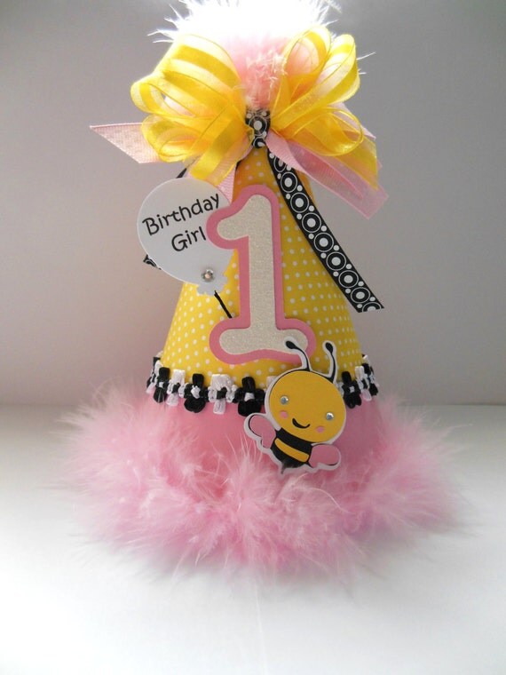 Lil' Bumblebee - Light pink and yellow polka dot - Birthday Party Hat - Personalized Il_570xn