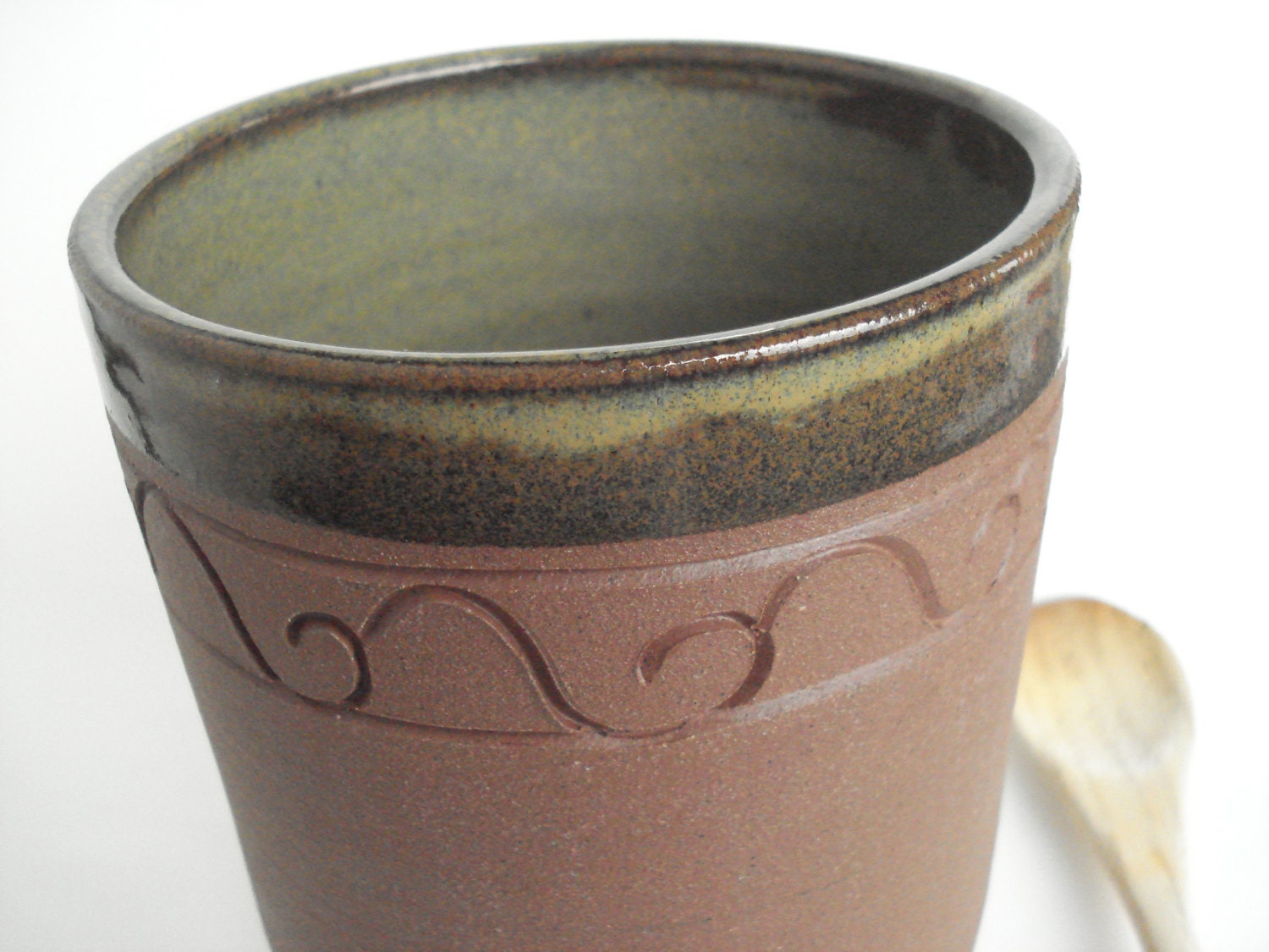 Kitchen utensil holder: Handmade brown stoneware pottery crock