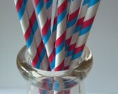 Red & Blue Double Stripe Paper Straws, 25 pieces, perfect birthday party detail in milk bottle, 4th of July BBQ, retro fun, lots colors
