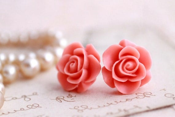 Pink Rose earrings, rose stud earrings, flower earrings, pink earrings, rose jewelry,