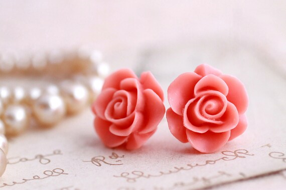 Pink Rose earrings, rose stud earrings, flower earrings, pink earrings, rose jewelry,