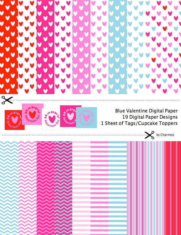 Blue Valentine Digital Paper - Tags - Cupcake Toppers - 8.5 x 11 - 300 dpi - DIY Party Printables Il_570xn