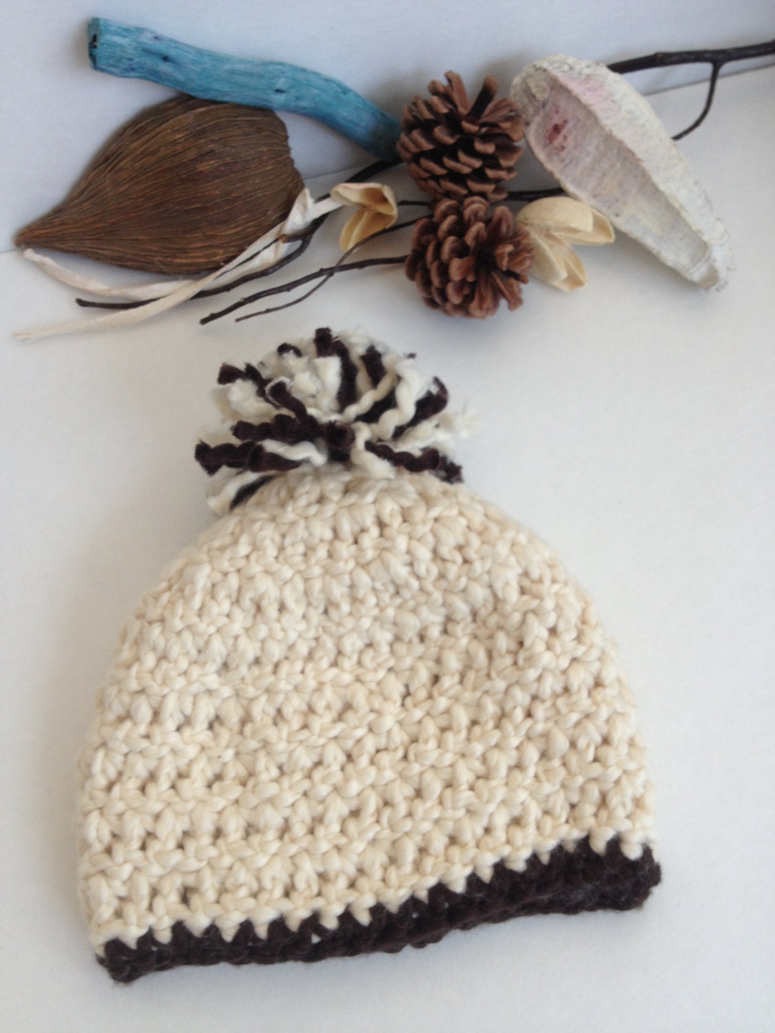 Organic Cotton Crochet Baby Beanie. Baby Boy Beanie. Ivory and brown pom pom baby hat