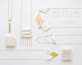 M e l i a - Porcelain square brooch with chevron pattern in fine gold - Geometric jewelry - White & Gold - Eleïa Collection