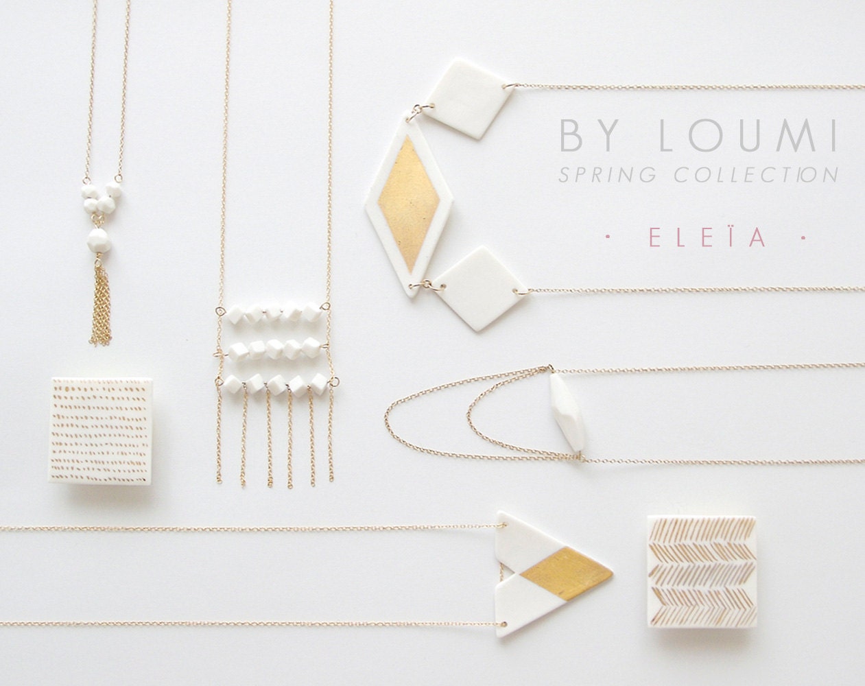M e l i a - Porcelain square brooch with chevron pattern in fine gold - Geometric jewelry - White & Gold - Eleïa Collection