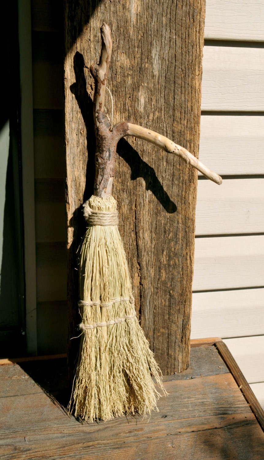 Handmade primitive driftwood whisk broom with hemp cord