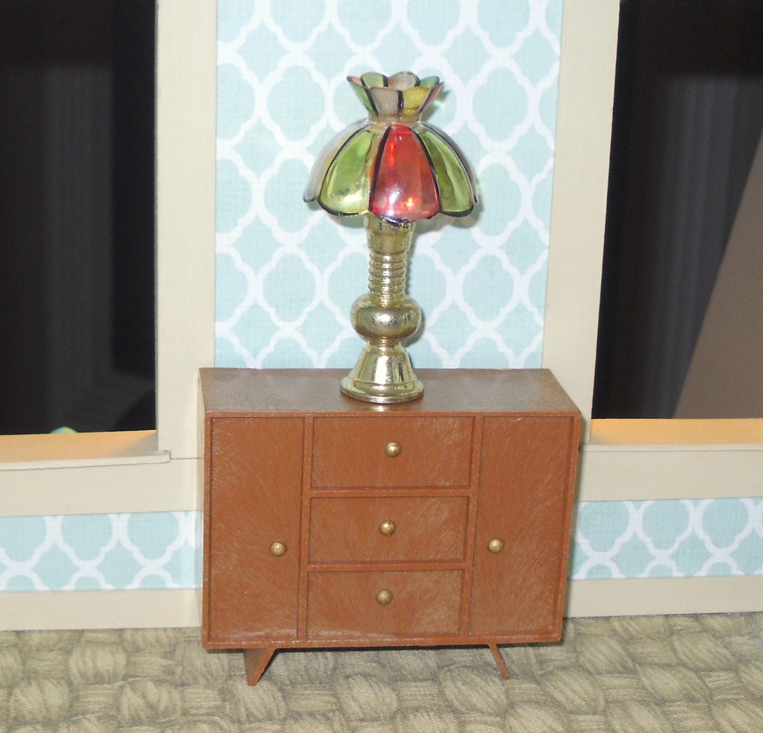 Miniature dollhouse Mid Century Modern console table with funky retro lamp