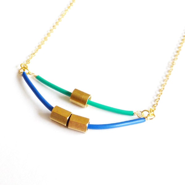 Emerald Green & Royal Blue Necklace. Upcycled Necklace. Geometric Necklace. Industrial Jewelry. Layering Necklace.