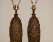 Pair of TALL Textured Ceramic Mid Century XL Lamps RETRO Pillar Oversized Set 1960's All Original