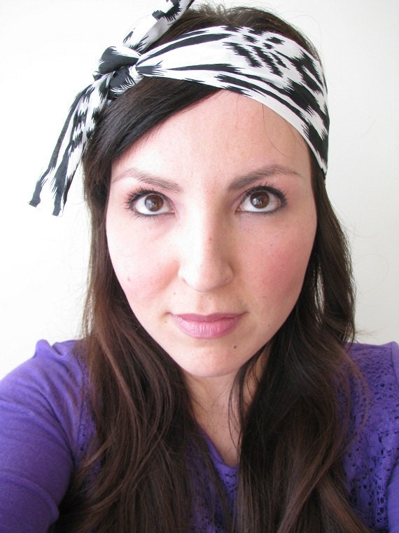 Ikat Bandana Headband, Black and White, Headwrap, fabric tie headband, wide head band