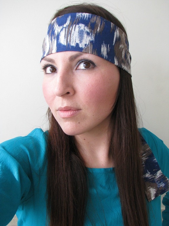 Hippie Head Scarf, Boho Headwrap, Blue and Grey Ikat, Bandana Style Tie Headband