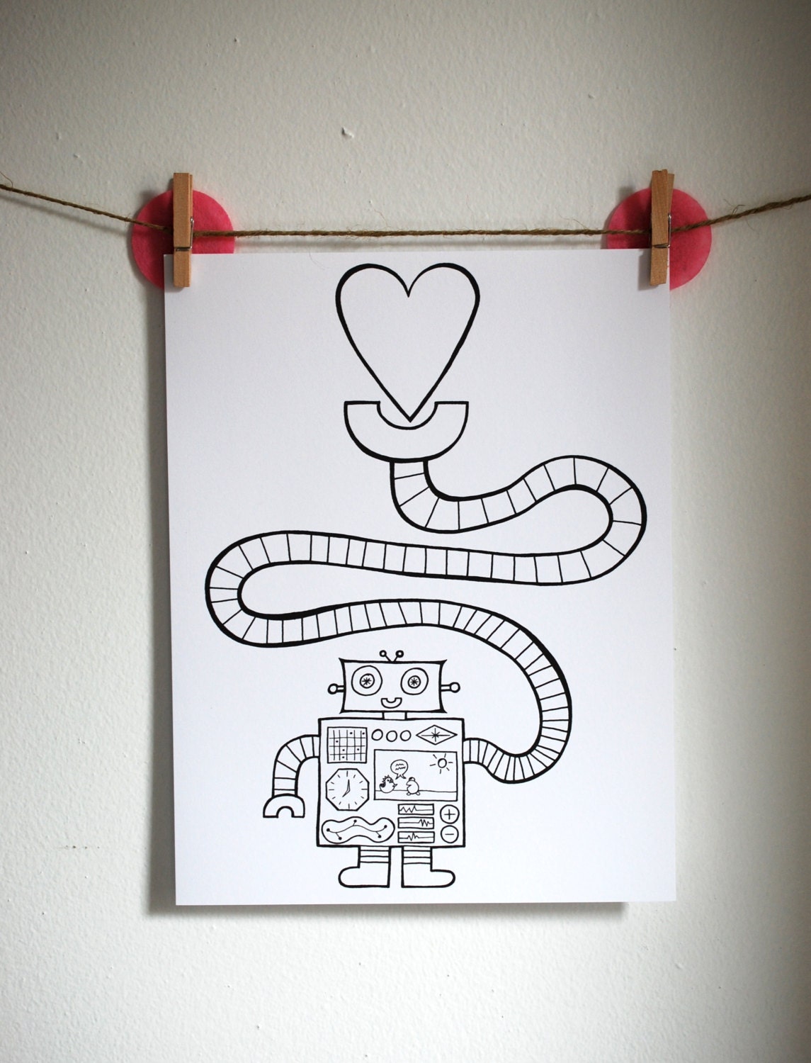Love-Bot Illustration, Black and White Art Print, Robot with a Heart