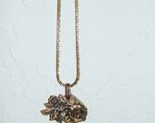 Vintage Rose Steampunk Necklace, Antiqued Gold Rose Pendant With Pink Bead Charm, Boxed Chain, Upcycled Vintage Brooch