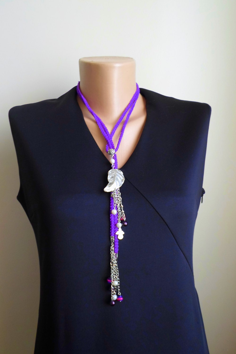 Long Necklace. Crochet Necklace. Gift Set. Tibetian silver large Leaf with crochet sweet purple cord lariat necklace and bracelet