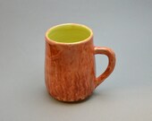 Coffee mug, coffee cup, handmade ceramic tea cup, red and yellow, with carved design O4