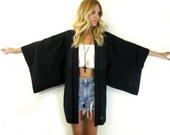 RARE Black Semi Sheer KIMONO Jacket Wide Sleeve BAMBOO Flower Cutout Japanese Haori Jacket/ Outerwear