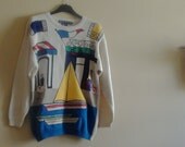 1989 Vintage I. B. DIFFUSION Paris France Cafe Sailboat Knit Oversized Novelty Sweater