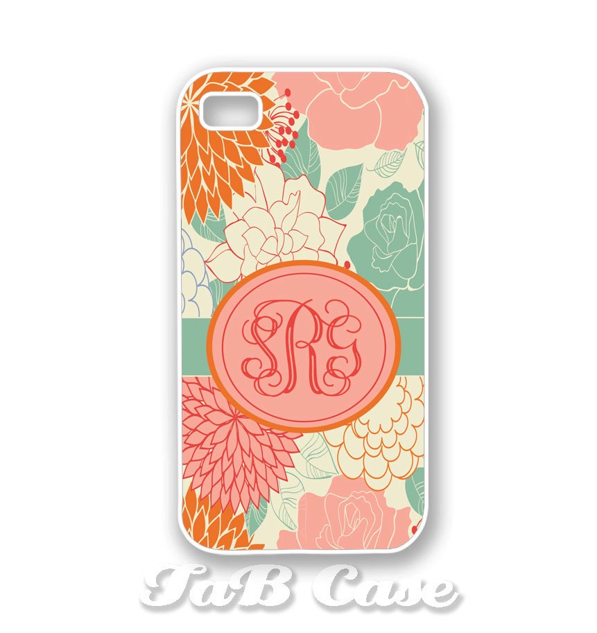 Monogram iPhone 4 Case, iPhone 5 Case. Summer Floral Orange Pink Green with Monogram.  FREE SHIPPING - Worldwide. Monogrammed Iphone Case.