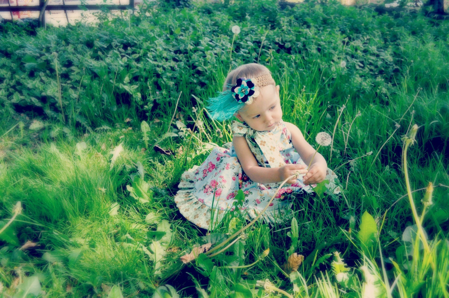 Blue green & pink whimsical floral print ruffled kids dress with cute bow size 12m-2t
