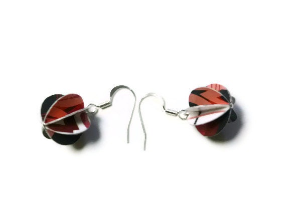 Round Dangle Earrings. Geometric 3D Circles in Pink, Black and White Hang From Silver Ear Wire