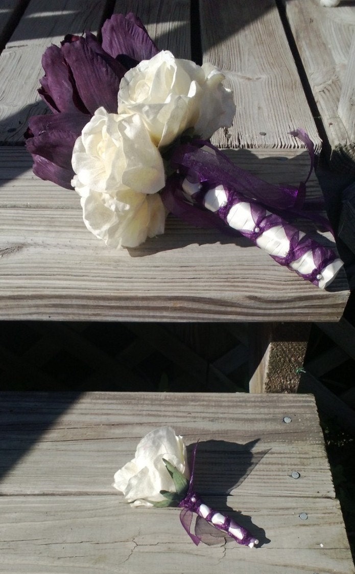 Silk Bridal Bouquet Tulips & Roses, Eggplant purple tulips, cream ivory roses, Spring Bouquet, Tulip Bouquet,