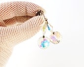 Vintage LONG Dangle Earrings, Glass Crystal Disco Balls, Aurora Borealis, Silver Tone Metal, Clip-ons, 1960s Mad Men, Wedding Bridal Jewelry