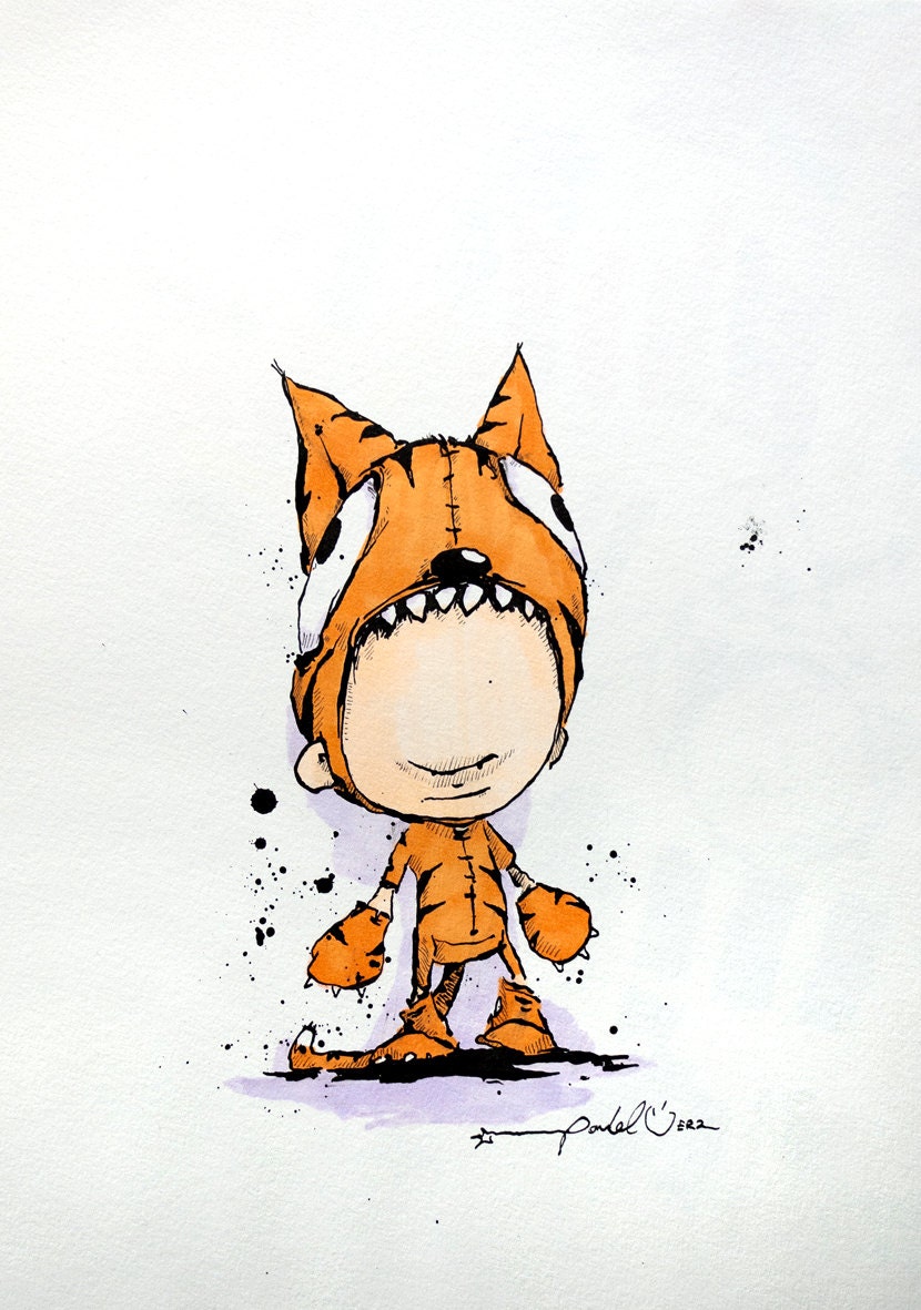 Tiger Boy - A4 signed original ink hand drawn illustration on 200g art paper