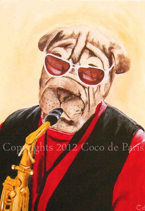 Drawing portrait paintings Illustration Giclee Prints Posters Mixed Media Art Acrylic Original Painting : Saxophonist bulldog