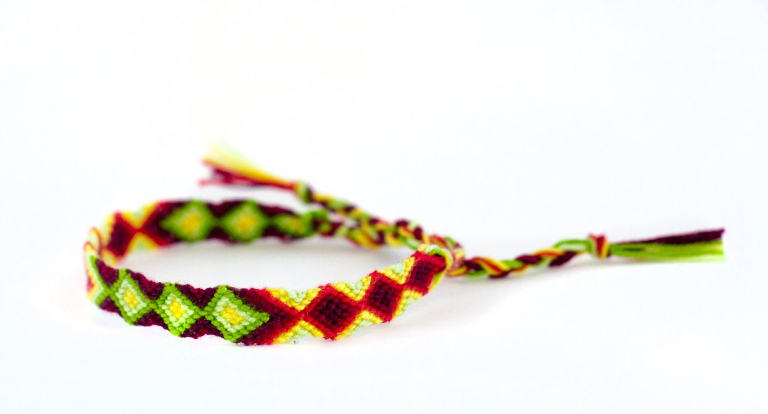 Fiber Friendship Bracelet - Knotted Macrame Embroidery Floss Bracelet In Red, Yellow and Green