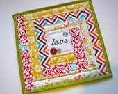 love mini quilt, inspirational quilted mug rug, mug mat