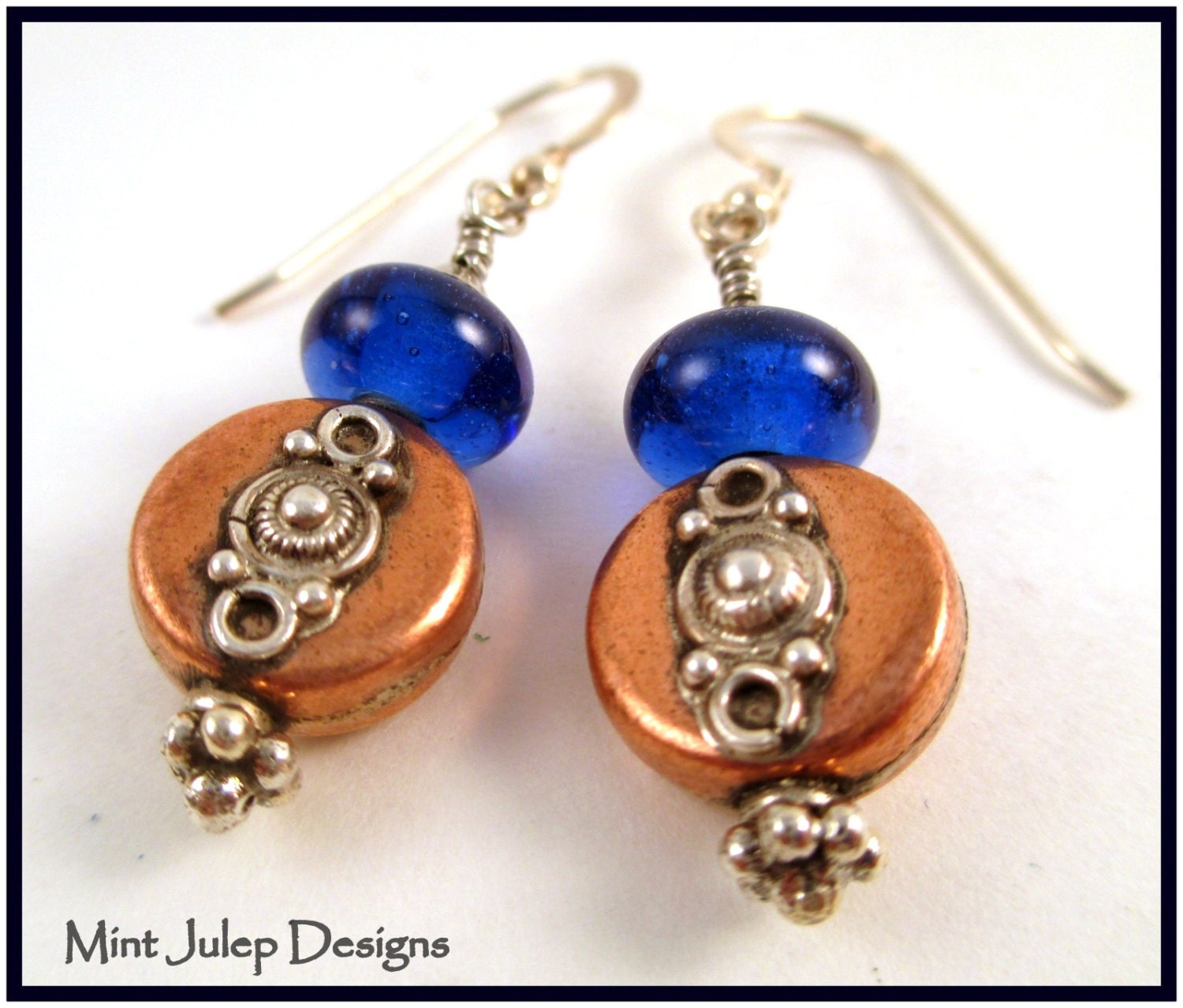 Lampwork Artisan Upcycled Wine Bottle Glass Bead Copper Sterling Silver Dangle Earrings Recycled Glass LETeam
