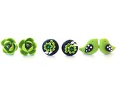 Post Earrings Set, Stud Earrings, Green Earrings, Bird Post Earrings, Green and Black, Post Earrings, Polymer Clay Earrings, Green Earrings