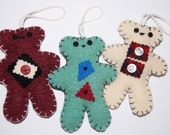 Scented Wool Teddy Bear Ornaments SET OF 3 Christmas Tree Upcycled Vintage Blanket Felt - Red Aqua Cream - 5"