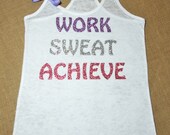 Work. Sweat. Achieve. Glitter Writing. Bow. Tank top. Racerback. Size S-2XL. Burnout. Black. Exercise. Soft. Women. Workout. Fitness.