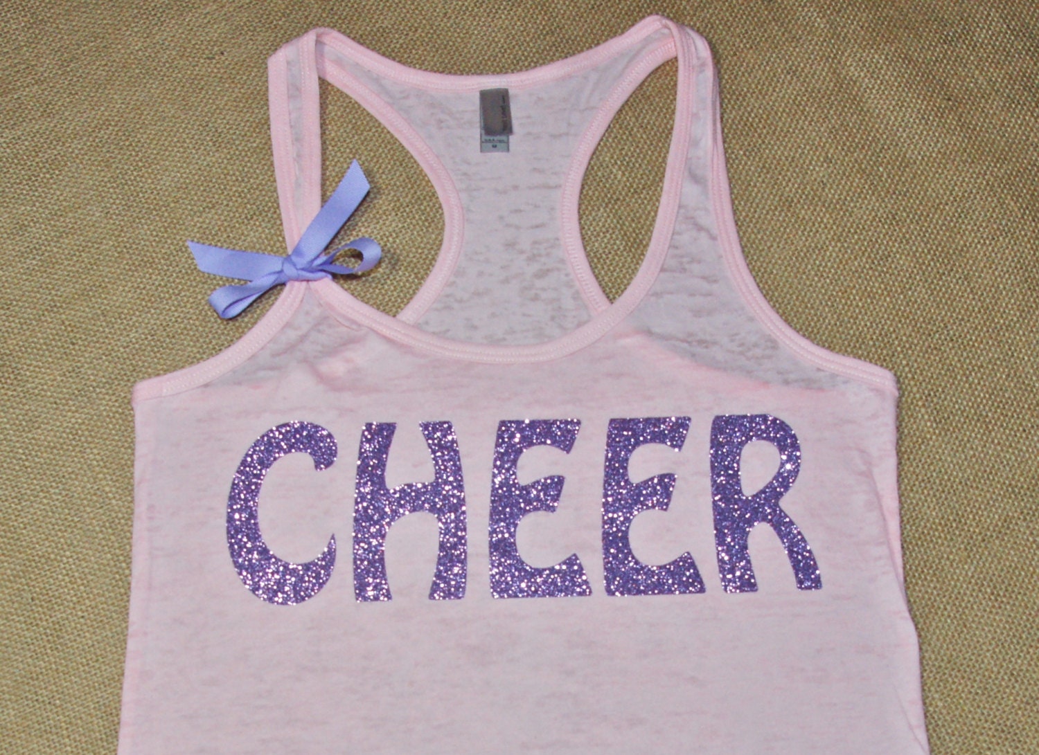 CHEER. Glitter Writing. Bow. Tank top. Racerback. Size S-2XL. Burnout. Black. Exercise. Soft. Women. Workout. Fitness.