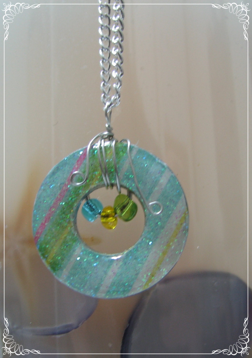 Small Wire Wrapped Small Resin Washer with Pastel Stripes of Blue, Green, and Yellow Covered in Glitter 1117