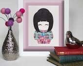 Kokeshi Doll - Unique Vintage postage stamp art. Perfect for gift for Mothers day, birthday gift, nursery decor - Max & Me Designs